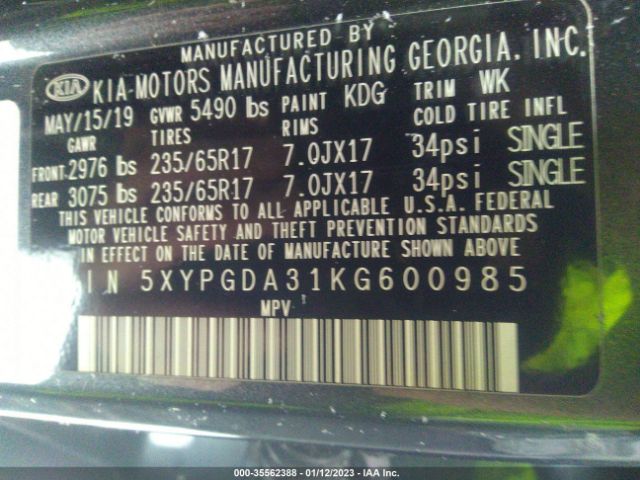 5XYPGDA31KG600985 KIA Sorento