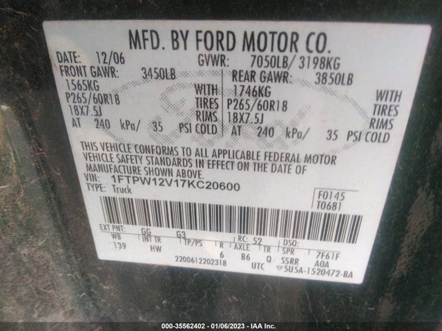 2007 FORD F-150 XLT/LARIAT/KING RANCH/FX2 VIN: 1FTPW12V17KC20600