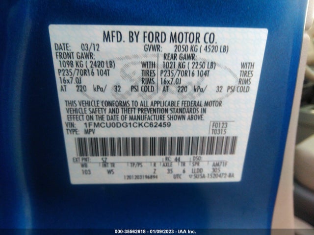 2012 FORD ESCAPE XLT VIN: 1FMCU0DG1CKC62459
