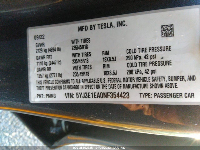 Tesla MODEL 3 2022 5YJ3E1EA0NF354423 Image 10