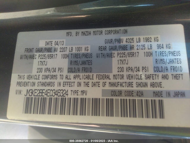 35562720 :رقم المزاد ، JM3KE2BE4E0346324 vin ، 2014 Mazda Cx-5 Sport مزاد بيع