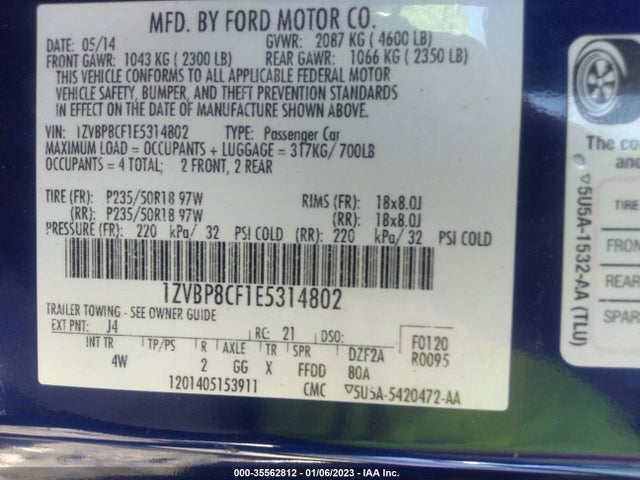 2014 FORD MUSTANG GT VIN: 1ZVBP8CF1E5314802
