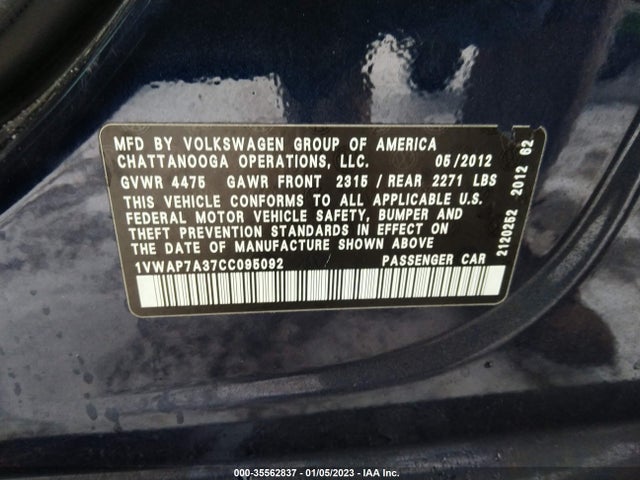 2012 VOLKSWAGEN PASSAT S W/APPEARANCE VIN: 1VWAP7A37CC095092