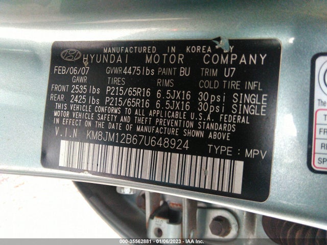 2007 HYUNDAI TUCSON GLS VIN: KM8JM12B67U648924