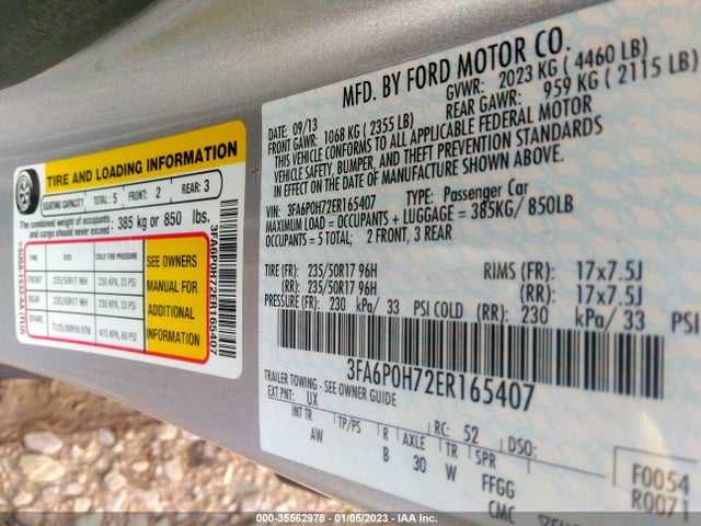 2014 FORD FUSION SE VIN: 3FA6P0H72ER165407