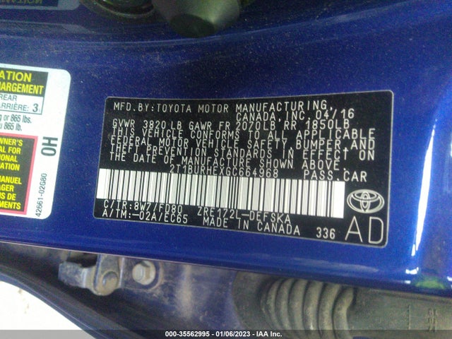 2016 TOYOTA COROLLA L/LE/S/S PLUS/LE PLUS VIN: 2T1BURHEXGC664968