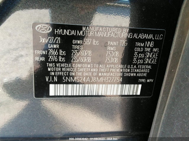 2021 Hyundai Santa Fe, VIN: 5NMS24AJ8MH327754