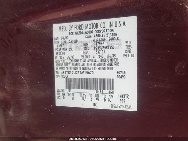 2003 MAZDA B-SERIES 2WD TRUCK DS VIN: 4F4YR12U23TM15670