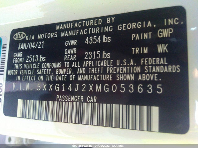 2021 Kia K5, VIN: 5XXG14J2XMG053635