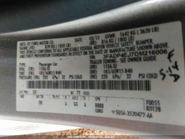 2013 FORD FIESTA SE VIN: 3FADP4EJ7DM216006
