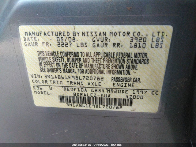2008 NISSAN SENTRA 2.0 S VIN: 3N1AB61E98L720782