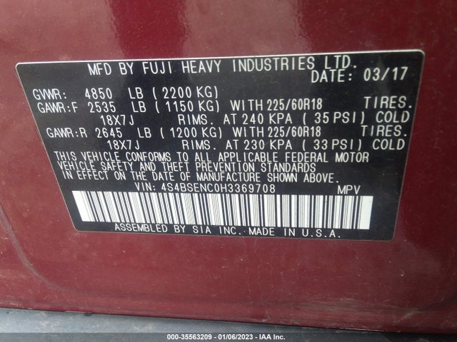 2017 SUBARU OUTBACK LIMITED VIN: 4S4BSENC0H3369708