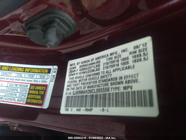 2012 HONDA CR-V LX VIN: 5J6RM4H39CL065556