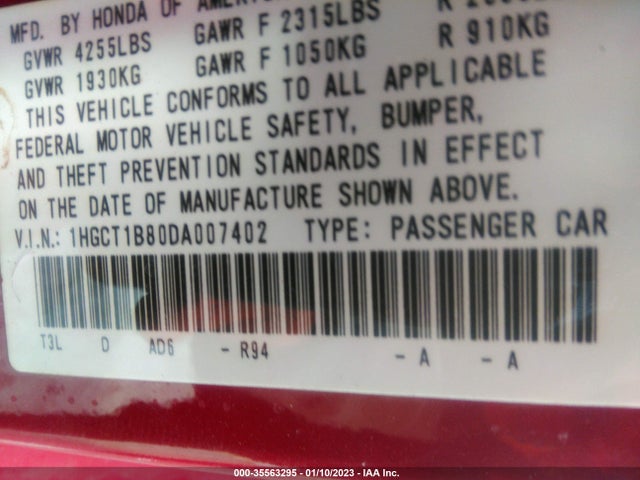 2013 HONDA ACCORD CPE EX-L VIN: 1HGCT1B80DA007402