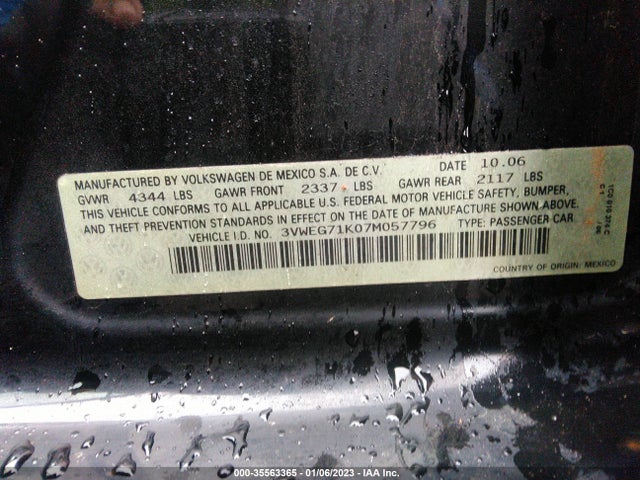 2007 VOLKSWAGEN JETTA SEDAN WOLFSBURG EDITION VIN: 3VWEG71K07M057796