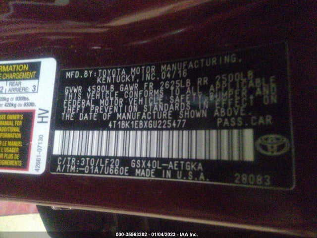 2016 TOYOTA AVALON LIMITED/TOURING/XLE VIN: 4T1BK1EBXG4225477