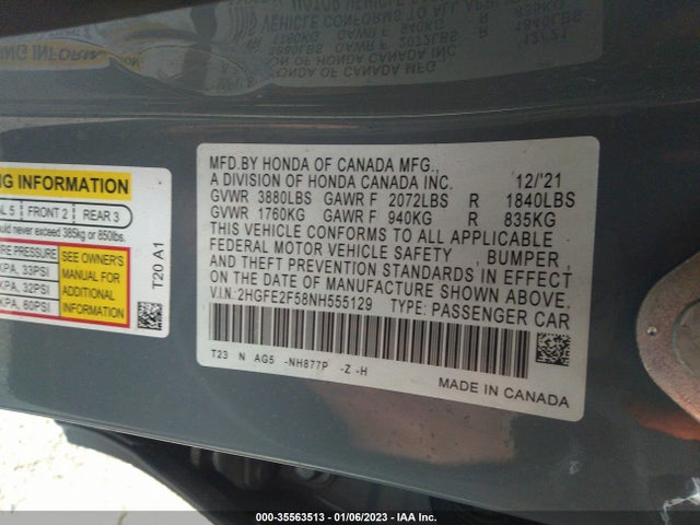 2022 HONDA CIVIC SEDAN SPORT VIN: 2HGFE2F58NH555129