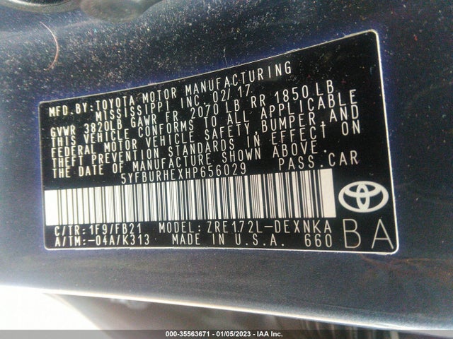 2017 TOYOTA COROLLA L/LE/XLE/SE VIN: 5YFBURHEXHP656029