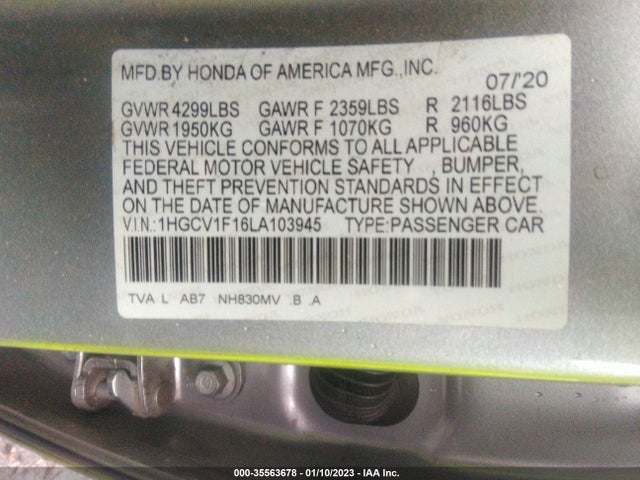 2020 HONDA ACCORD SEDAN LX VIN: 1HGCV1F16LA103945