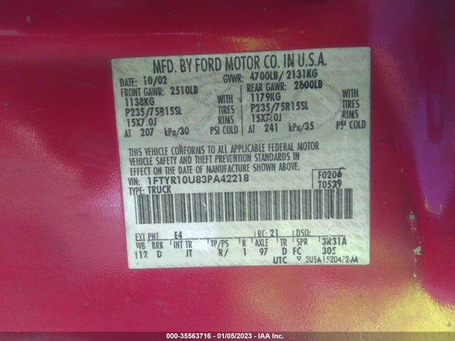 2003 FORD RANGER XL/XLT/EDGE VIN: 1FTYR10U83PA42218