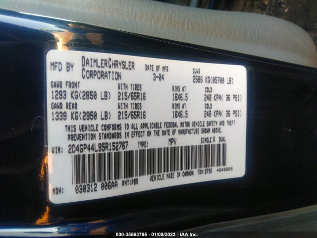 2005 DODGE GRAND CARAVAN SXT VIN: 2D4GP44L95R152767