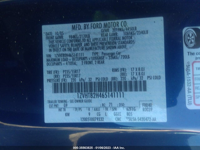 2006 FORD MUSTANG GT VIN: 1ZVHT82H465141111