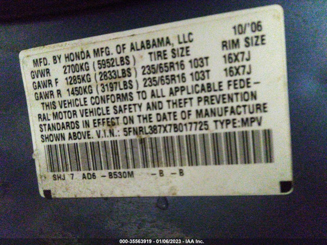 2007 HONDA ODYSSEY EX-L VIN: 5FNRL387X7B017725