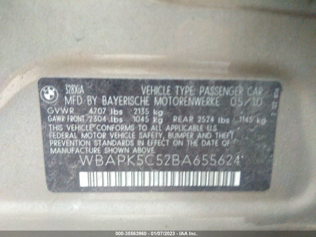 2011 BMW 3 SERIES 328I XDRIVE VIN: WBAPK5C52BA655624