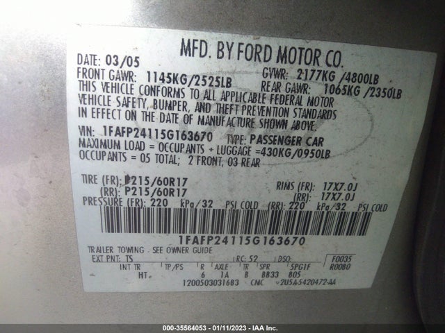 2005 FORD FIVE HUNDRED SEL VIN: 1FAFP24115G163670