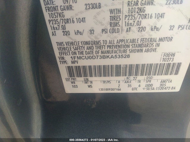 2011 FORD ESCAPE XLT VIN: 1FMCU0D73BKA53528