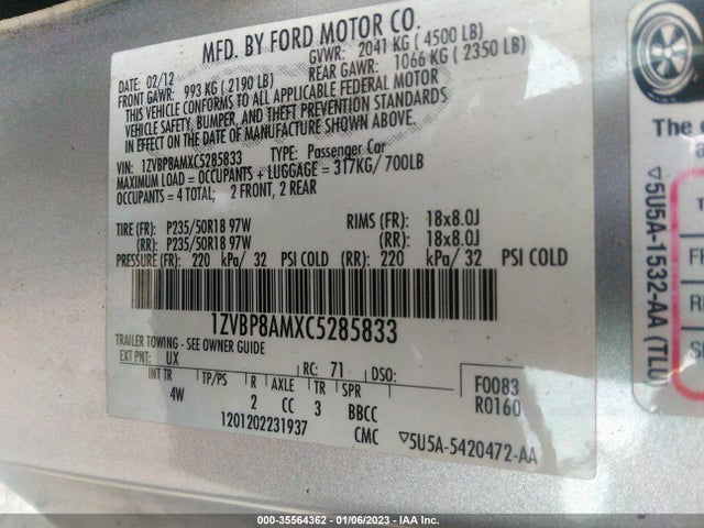 2012 FORD MUSTANG V6 VIN: 1ZVBP8AMXC5285833