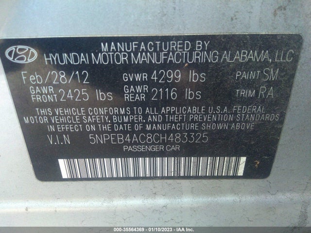 2012 HYUNDAI SONATA GLS/2.4L SE VIN: 5NPEB4AC8CH483325