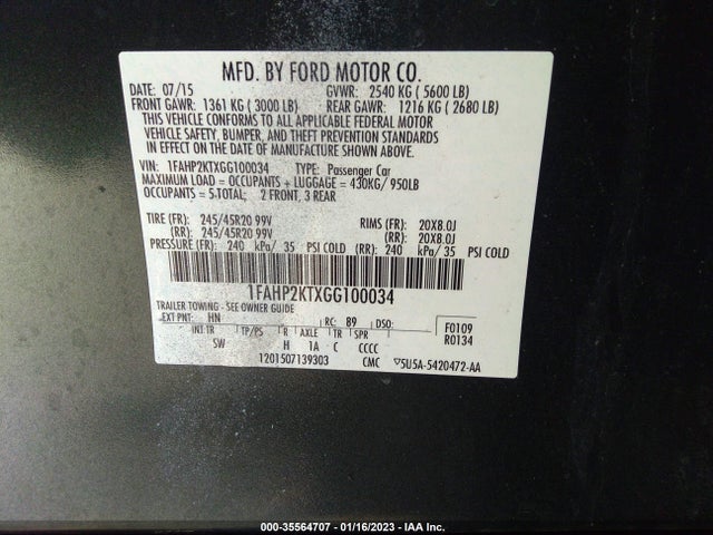 2016 Ford Taurus, VIN: 1FAHP2KTXGG100034