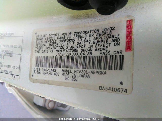 2003 TOYOTA CAMRY LE/SE/XLE VIN: JTDBF32K330104185