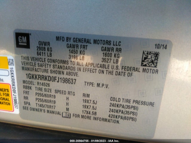 GMC ACADIA SLT 2015 1GKKRRKD0FJ198637 Image 9