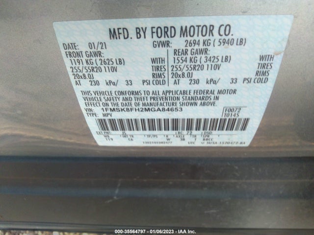 2021 FORD EXPLORER LIMITED VIN: 1FMSK8FH2MGA84653
