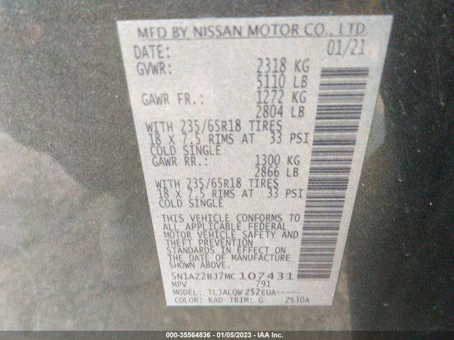 2021 Nissan Murano, VIN: 5N1AZ2BJ7MC107431