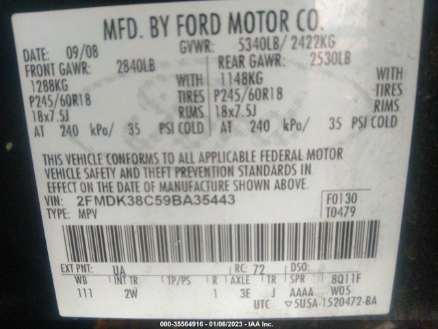 2009 FORD EDGE SEL VIN: 2FMDK38C59BA35443