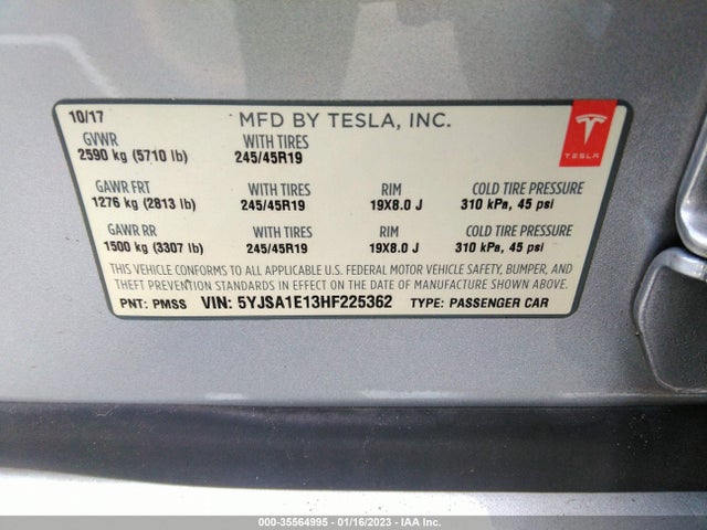 2017 Tesla Model S, VIN: 5YJSA1E13HF225362