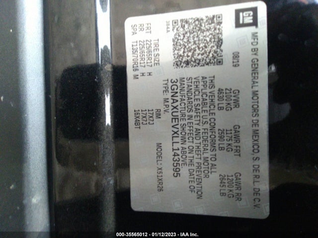 2020 Chevrolet Equinox, VIN: 3GNAXUEVXLL143595