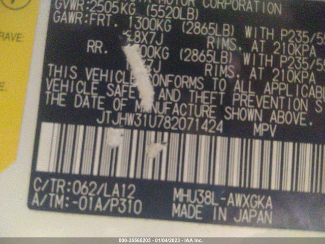 JTJHW31U782071424 Lexus RX 400H