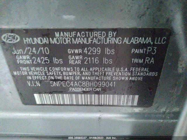 2011 HYUNDAI SONATA SE VIN: 5NPEC4AC8BH099041