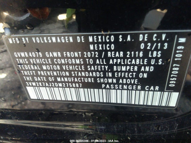 2013 VOLKSWAGEN JETTA SEDAN S VIN: 3VW2K7AJ2DM275887