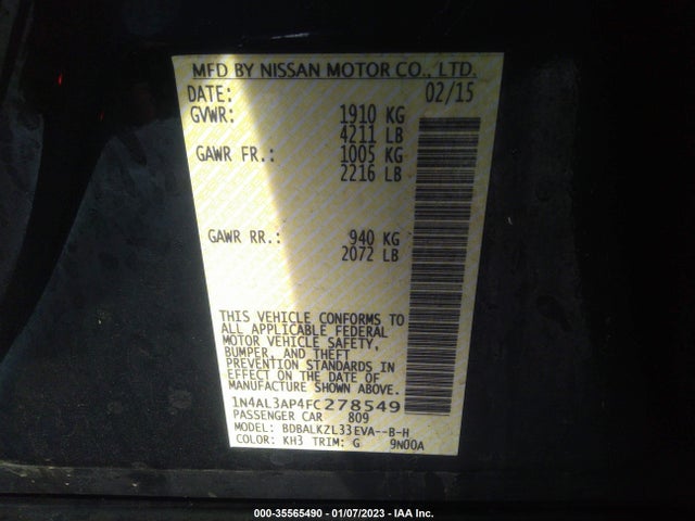 2015 NISSAN ALTIMA 2.5 SV VIN: 1N4AL3AP4FC278549