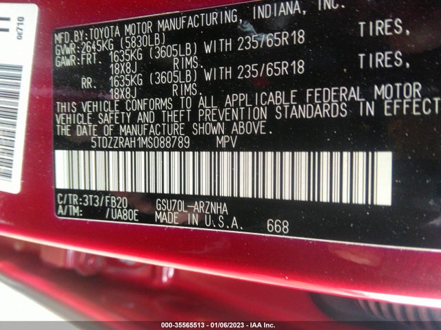 Toyota Highlander L/le 2021 5TDZZRAH1MS088789 Image 9