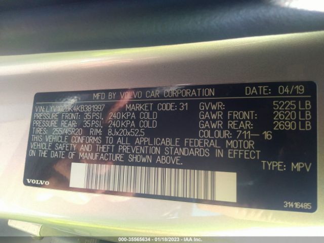 LYV102DK4KB381997 Volvo Xc60 Momentum