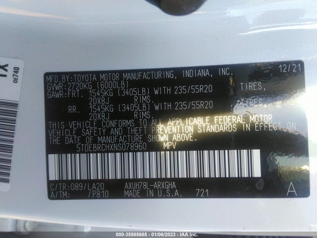 2022 Toyota Highlander, VIN: 5TDEBRCHXNS078960