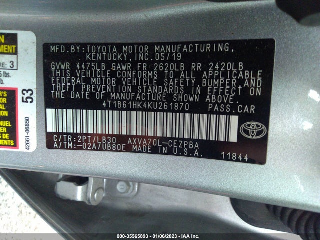 Toyota Camry 2019 4T1B61HK4KU261870 Image 10