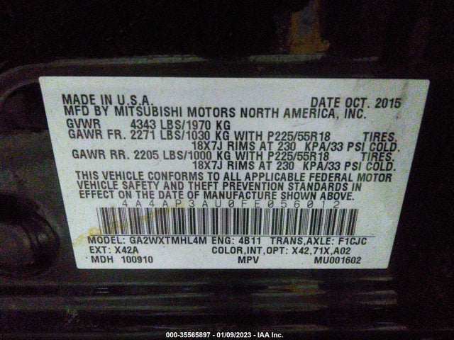 4A4AP3AU0FE056012 Mitsubishi Outlander Sport Es