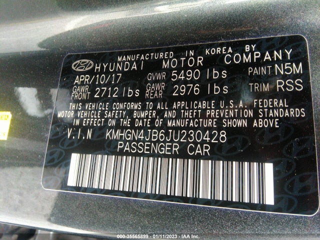 2018 Genesis G80, VIN: KMHGN4JB6JU230428